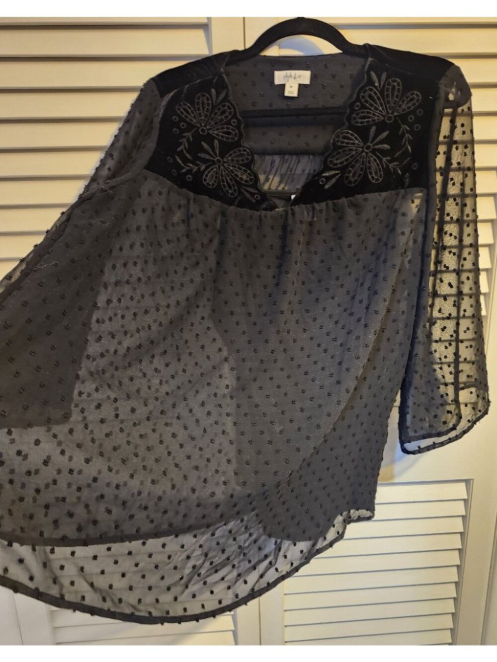 Style & Co Sz 0X Sheer Top Black Long Sleeves Dots Velvet Blouse - Picture 3 of 8